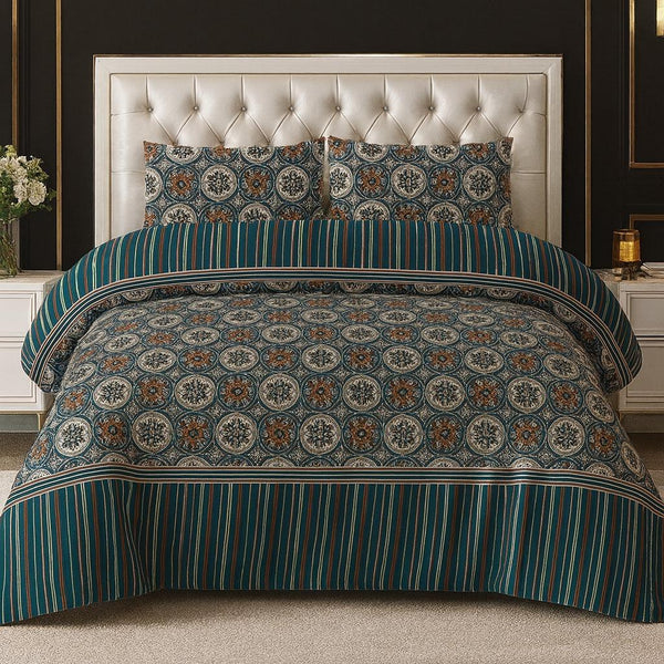 FLORAL STRIPED PATTERN 6-PIECE QUILTED BEDDING SET – 1 COMFORTER, 1 FLAT SHEET & 4 PILLOWCASES