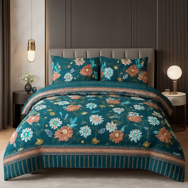 FLORAL GREEN LEAVES 6-PIECE QUILTED BEDDING SET – 1 COMFORTER, 1 FLAT SHEET & 4 PILLOWCASES