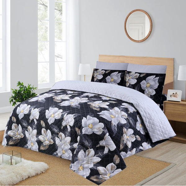 BLACK AND WHITE FLORAL 6 - PIECE QUILTED BEDDING SET – 1 COMFORTER, 1 FLAT SHEET & 4 PILLOWCASES - IMPERIAL FABRICS