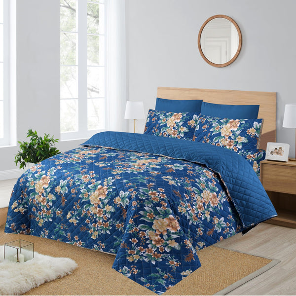 BLUE FLORAL 6 - PIECE QUILTED BEDDING SET – 1 COMFORTER, 1 FLAT SHEET & 4 PILLOWCASES - IMPERIAL FABRICS