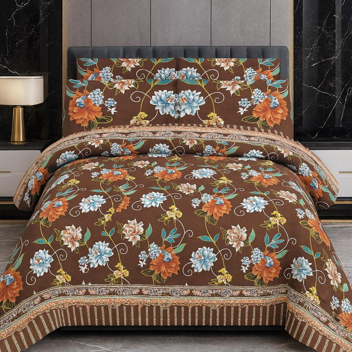 Chocolate Brown Floral Bloom – 3 Piece Bedsheet Set - IMPERIAL FABRICS