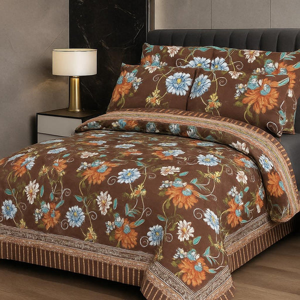 Chocolate Brown Floral Bloom – 3 Piece Bedsheet Set - IMPERIAL FABRICS