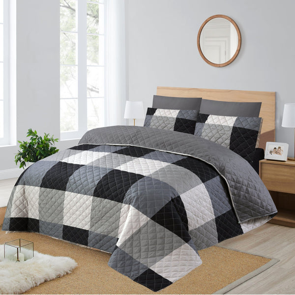GEOMETRIC BLACK AND GRAY 6 - PIECE QUILTED BEDDING SET – 1 COMFORTER, 1 FLAT SHEET & 4 PILLOWCASES - IMPERIAL FABRICS