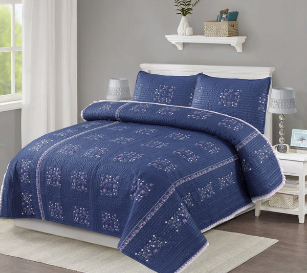 MIDNIGHT BLUE 3 - PIECE QUILTED EMBROIDERED BEDDING SET - IMPERIAL FABRICS