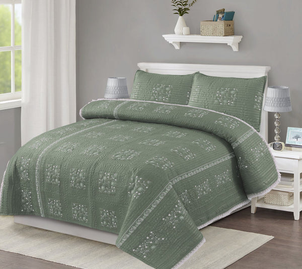 OLIVE GREEN 3 - PIECE QUILTED EMBROIDERED BEDDING SET - IMPERIAL FABRICS