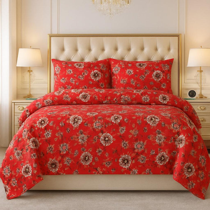 Red Floral Elegance – 3 Piece Bedsheet Set - IMPERIAL FABRICS