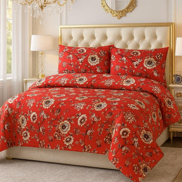 Red Floral Elegance – 3 Piece Bedsheet Set - IMPERIAL FABRICS