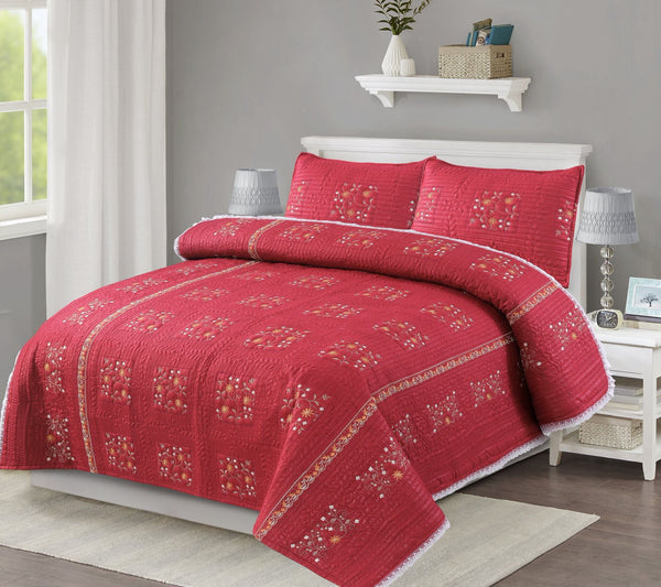 RED ROSE 3 - PIECE QUILTED EMBROIDERED BEDDING SET - IMPERIAL FABRICS