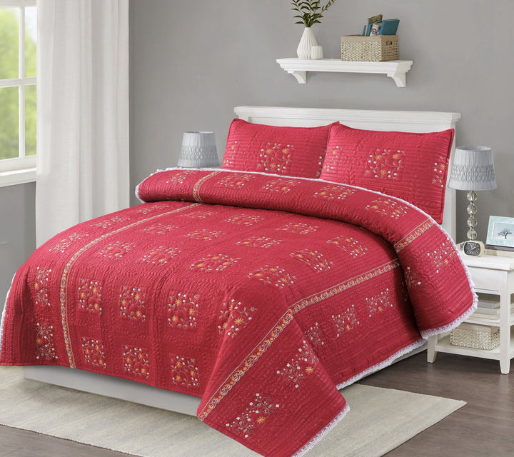 RED ROSE 3 - PIECE QUILTED EMBROIDERED BEDDING SET - IMPERIAL FABRICS