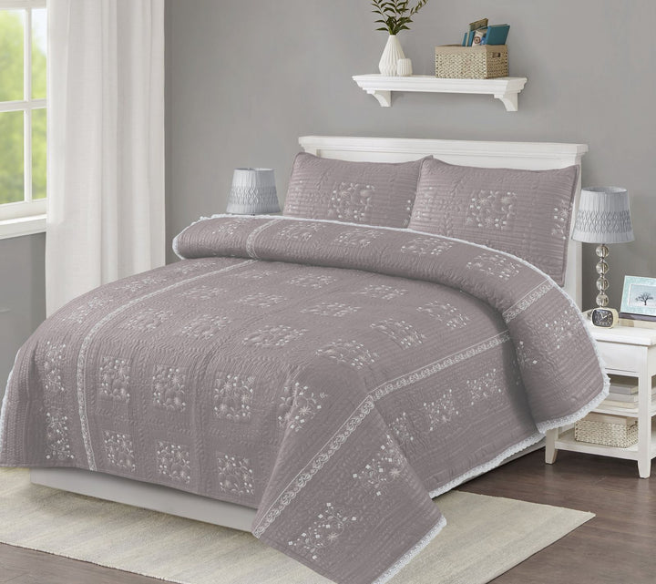 ROYAL PEARL 3 - PIECE QUILTED EMBROIDED BEDDIND SET - IMPERIAL FABRICS