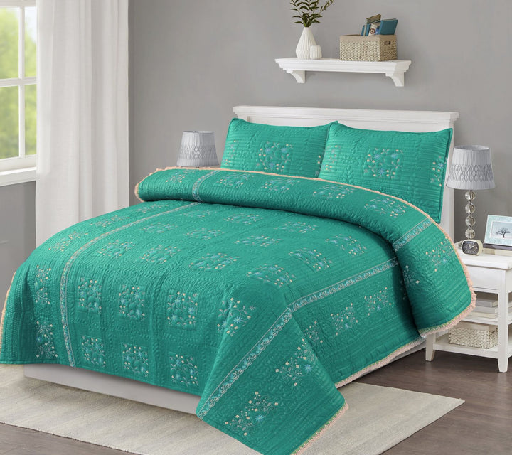 TURQUOISE GREEN 3 - PIECE QUILTED EMBROIDERED BEDDING SET - IMPERIAL FABRICS